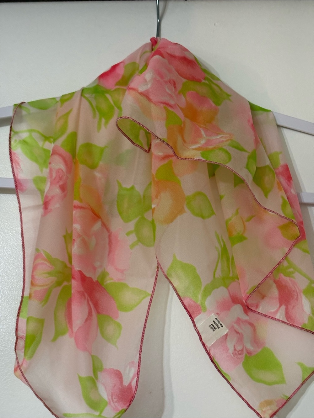 Floral Pink & Green Women’s Sheer Nylon Scarf 21.5” x 21.5”